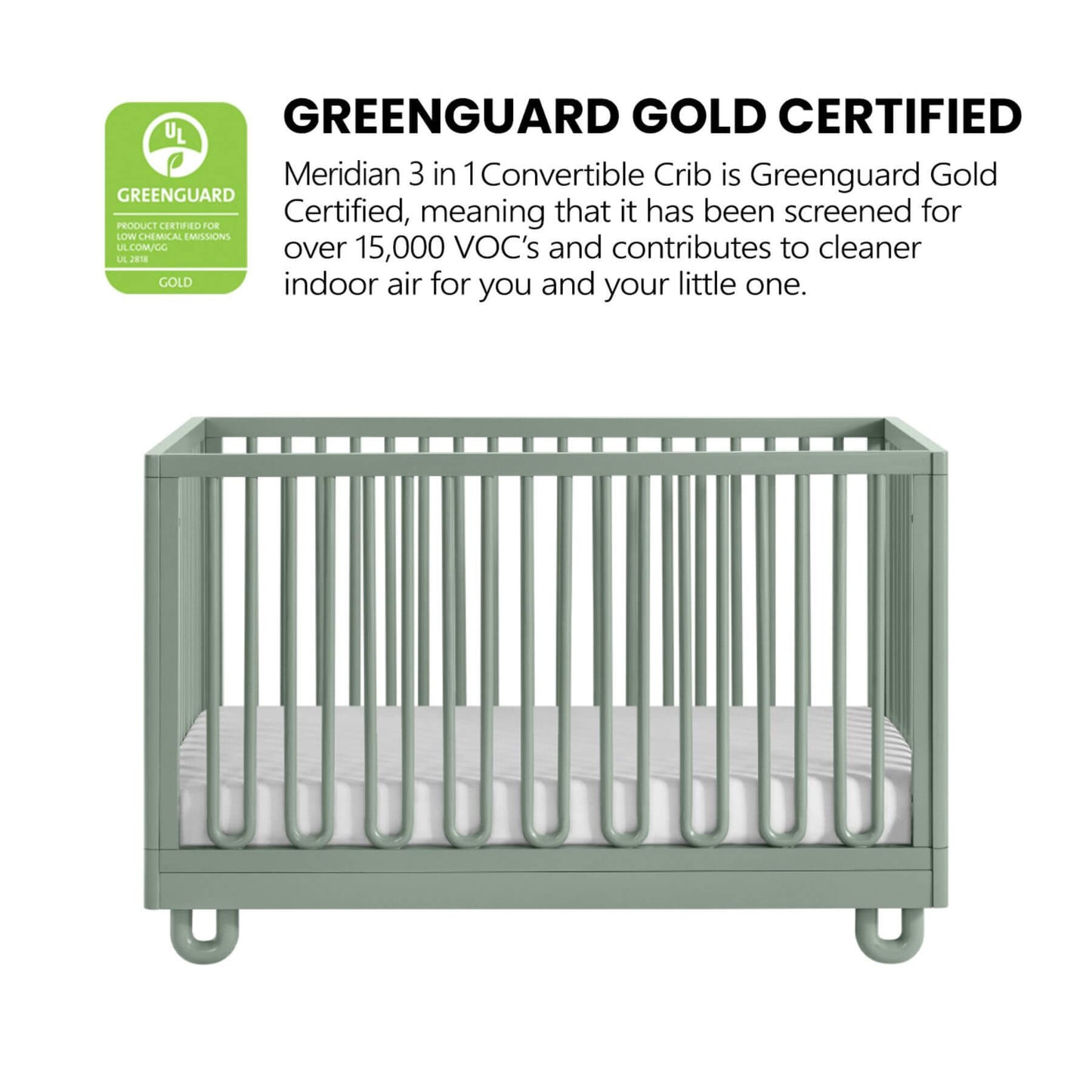 Soho Baby Meridian Island Crib - Olive Green with Greenguard Gold certification label on a white background