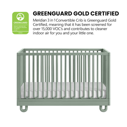 Soho Baby Meridian Island Crib - Olive Green with Greenguard Gold certification label on a white background