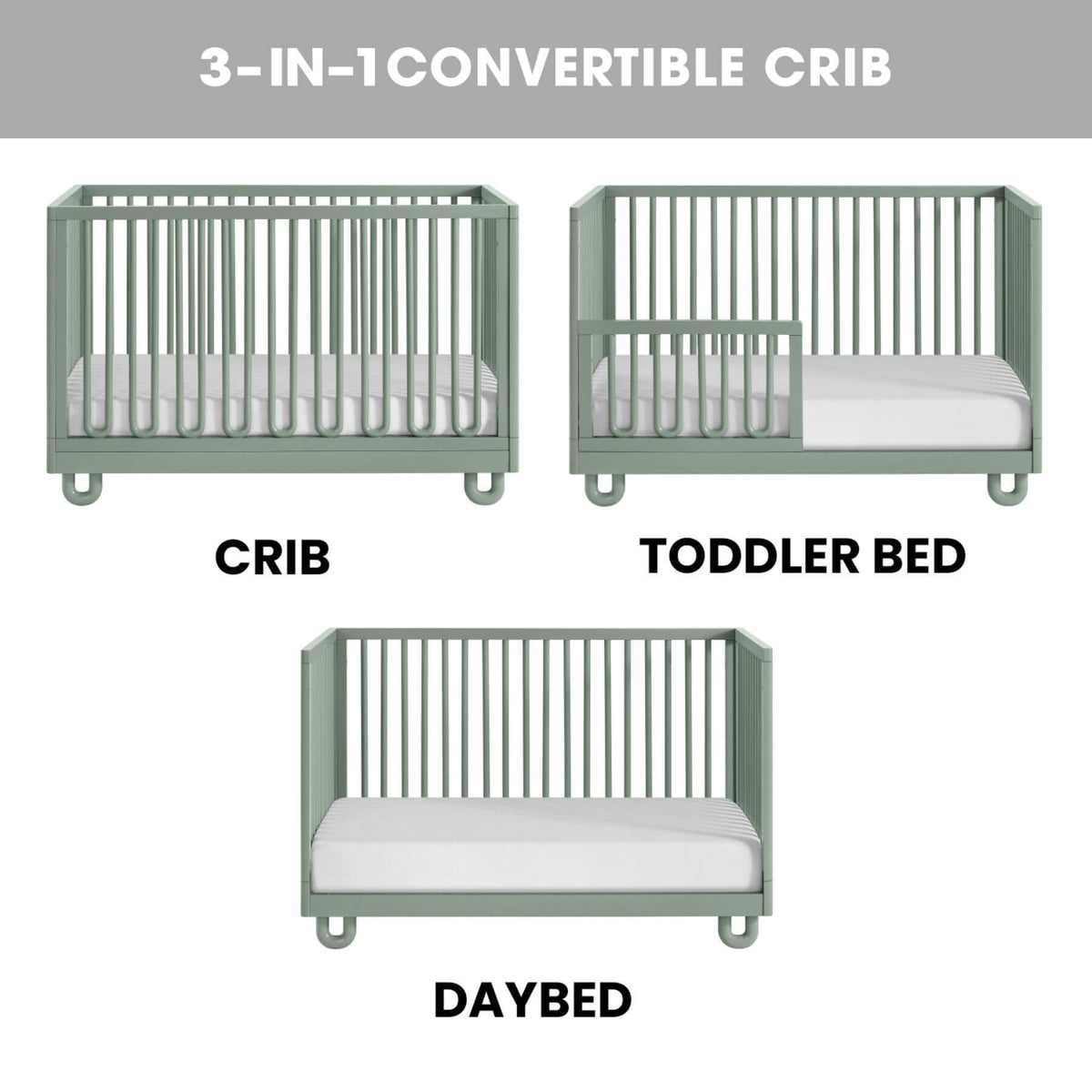 Soho Baby Meridian Island Crib - Olive Green shown in three configurations on a white background with a gray header. The crib is painted in a muted sage green and includes labels for 'CRIB', 'TODDLER BED', and 'DAYBED'.
