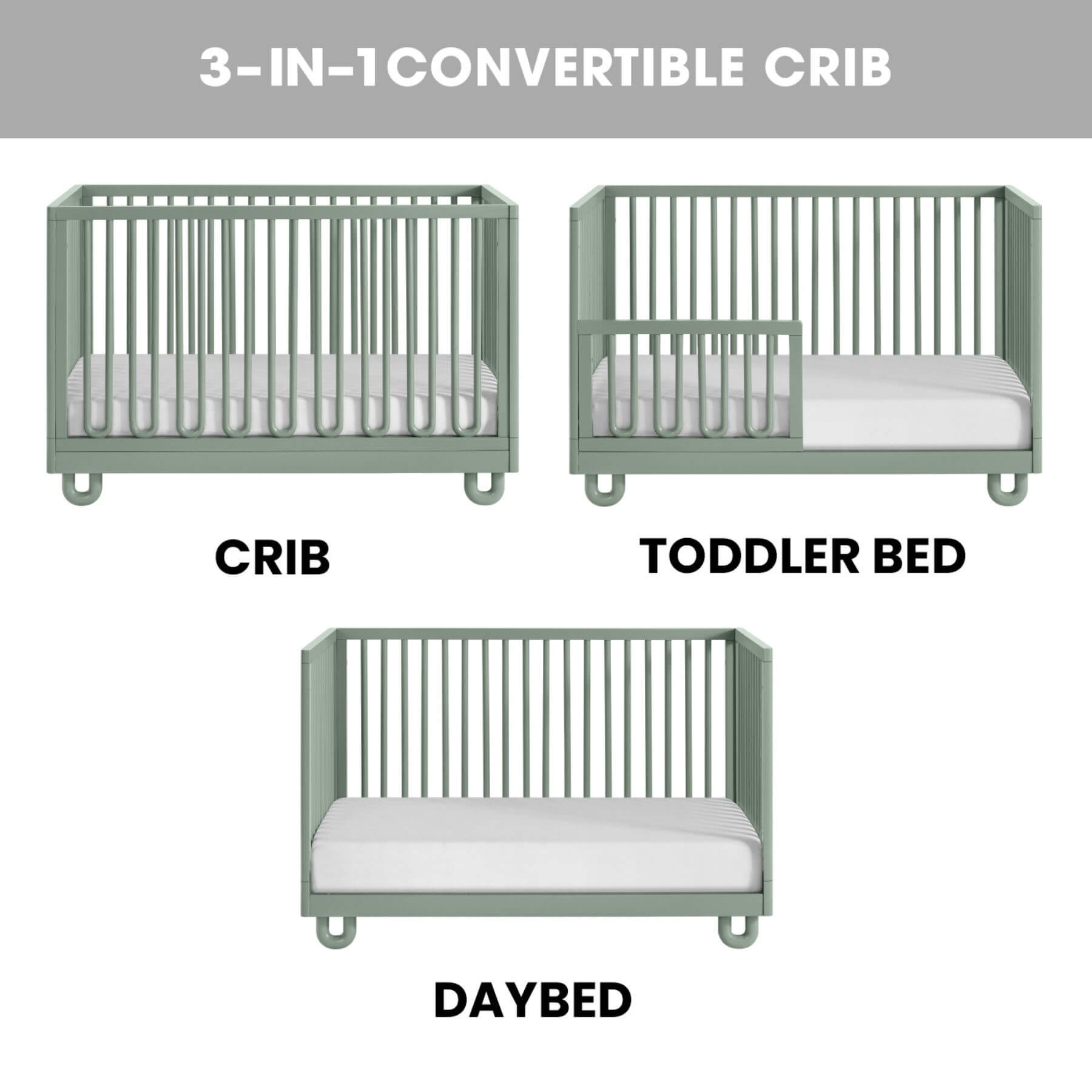 Soho Baby Meridian Island Crib - Olive Green shown in three configurations on a white background with a gray header. The crib is painted in a muted sage green and includes labels for 'CRIB', 'TODDLER BED', and 'DAYBED'.