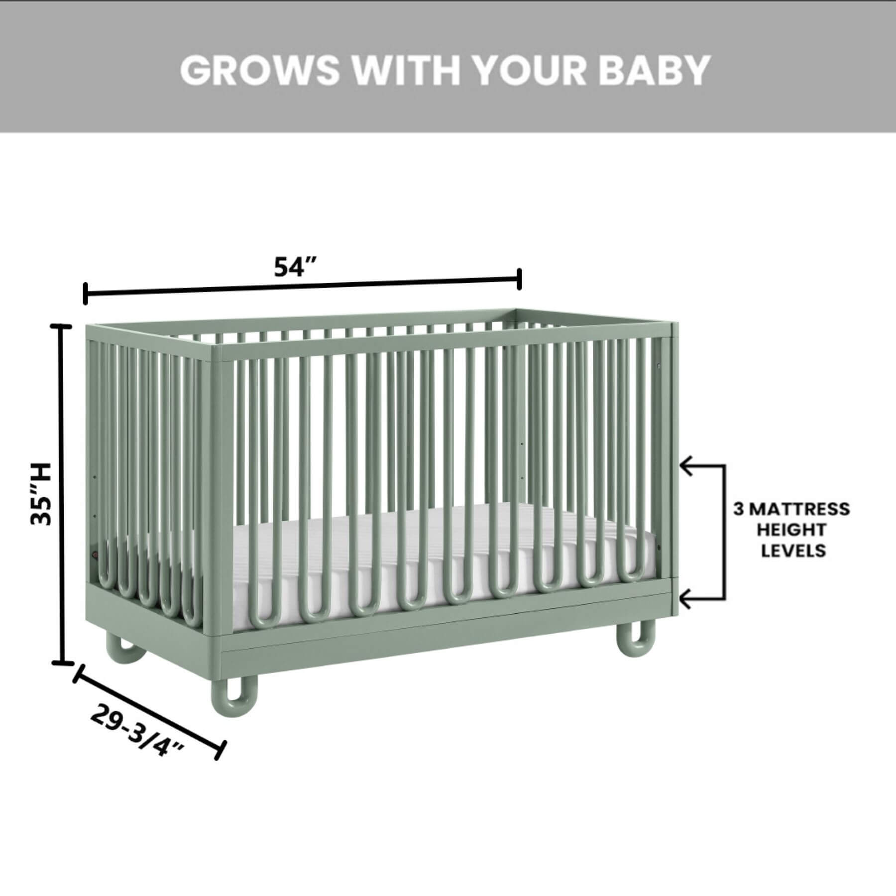 A crib dimension diagram showing Soho Baby Meridian Island Crib - Olive Green with labeled measurements: 54 inches width, 35 inches height, and 29 3/4 inches depth, plus text noting 3 mattress height levels and 'GROWS WITH YOUR BABY' at the top.