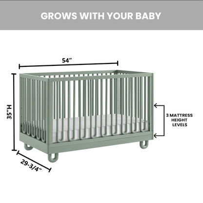 A crib dimension diagram showing Soho Baby Meridian Island Crib - Olive Green with labeled measurements: 54 inches width, 35 inches height, and 29 3/4 inches depth, plus text noting 3 mattress height levels and 'GROWS WITH YOUR BABY' at the top.