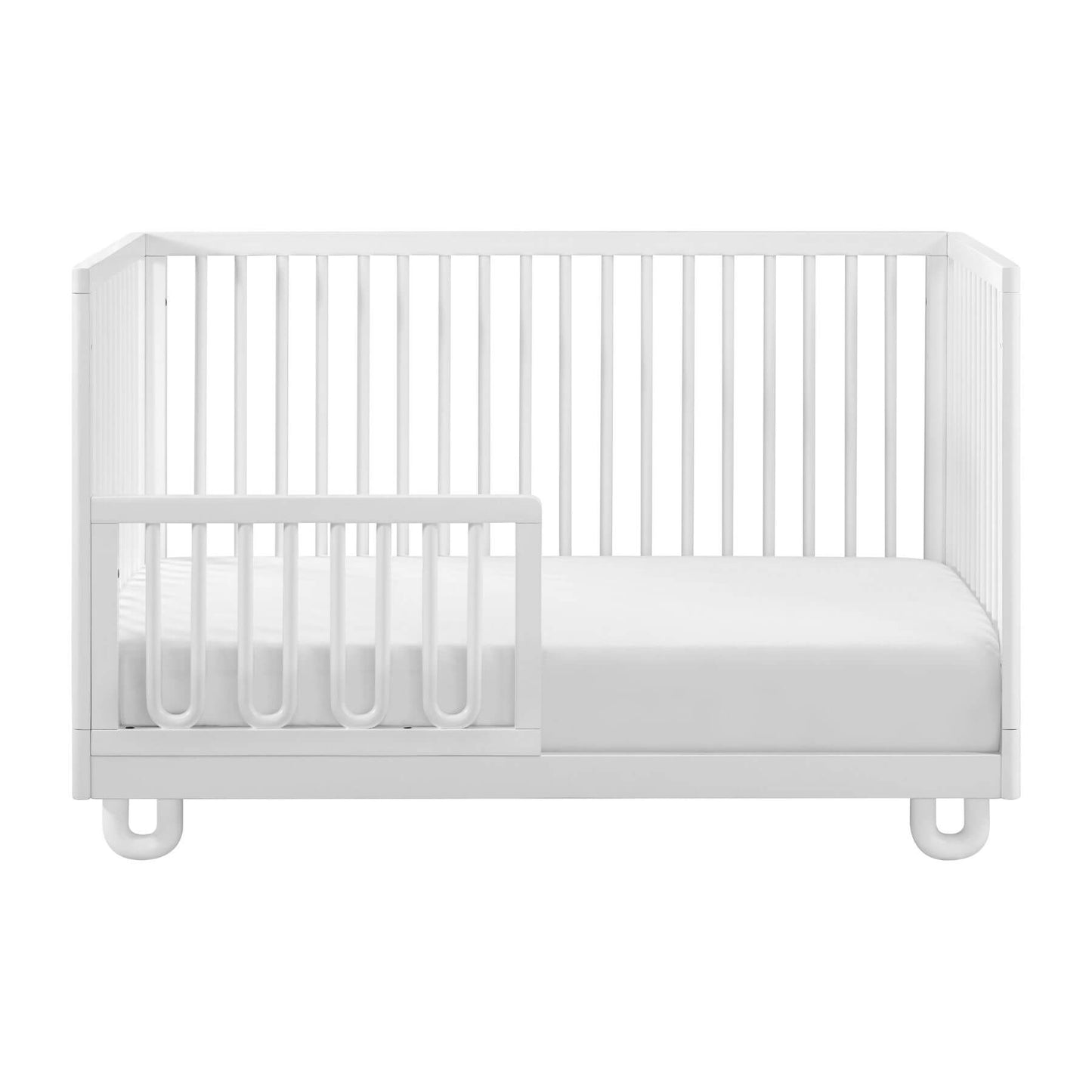 Soho Baby Meridian Island Crib - White, a matching mattress, and a built-in guard rail, shown against a solid white background.