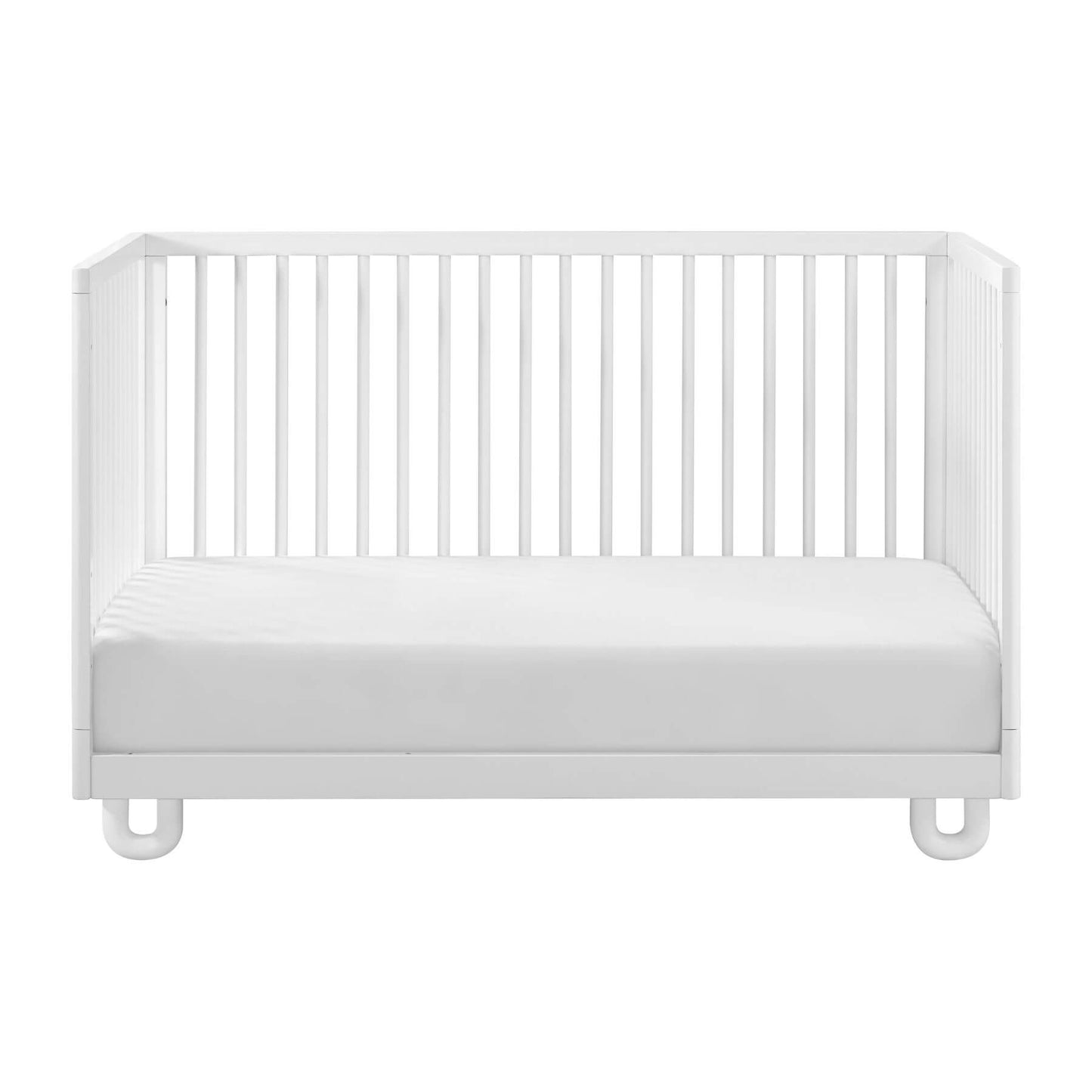Soho Baby Meridian Island Crib - White and a white mattress fitted, shown from the front against a plain white background.