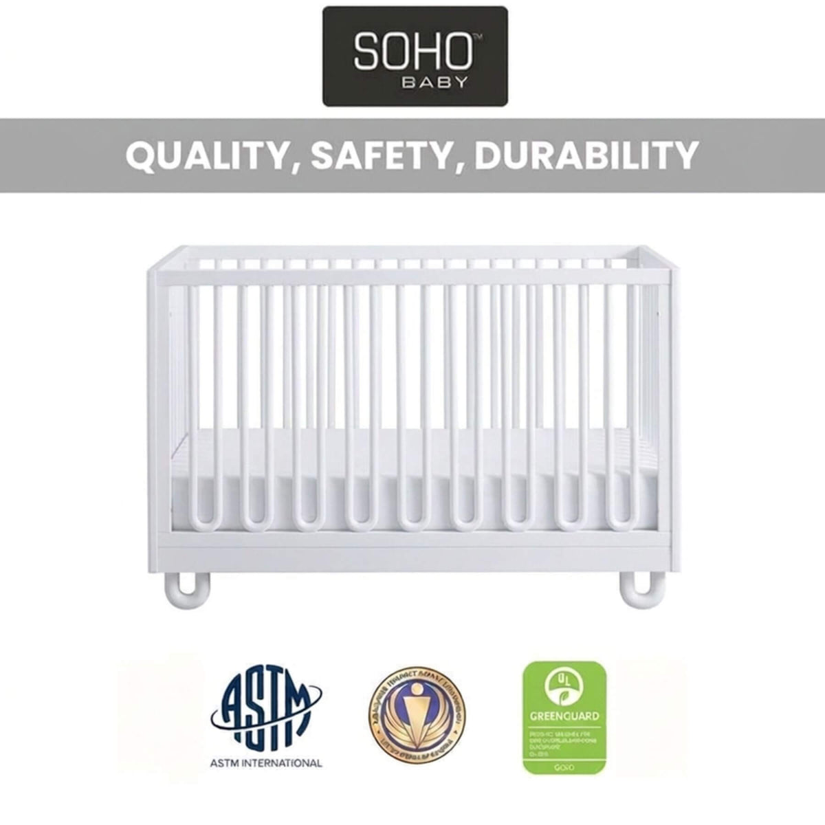 Soho Baby Meridian Island Crib - White, shown on a white background with a gray banner reading 'QUALITY, SAFETY, DURABILITY' and a SOHO BABY logo above. ASTM International and GreenGuard certification logos appear below.