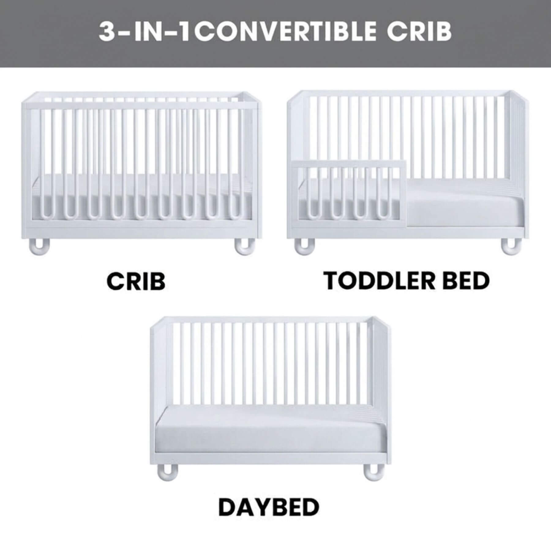 Soho Baby Meridian Island Crib - White shown in three configurations labeled 'CRIB', 'TODDLER BED', and 'DAYBED' on a white background, with a gray header reading '3-IN-1 CONVERTIBLE CRIB'.