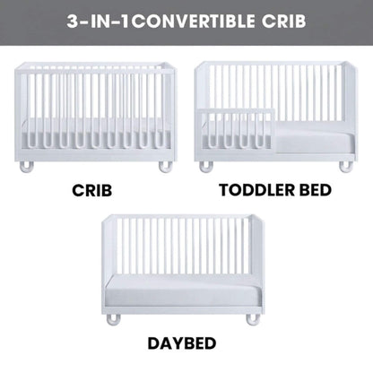 Soho Baby Meridian Island Crib - White shown in three configurations labeled 'CRIB', 'TODDLER BED', and 'DAYBED' on a white background, with a gray header reading '3-IN-1 CONVERTIBLE CRIB'.
