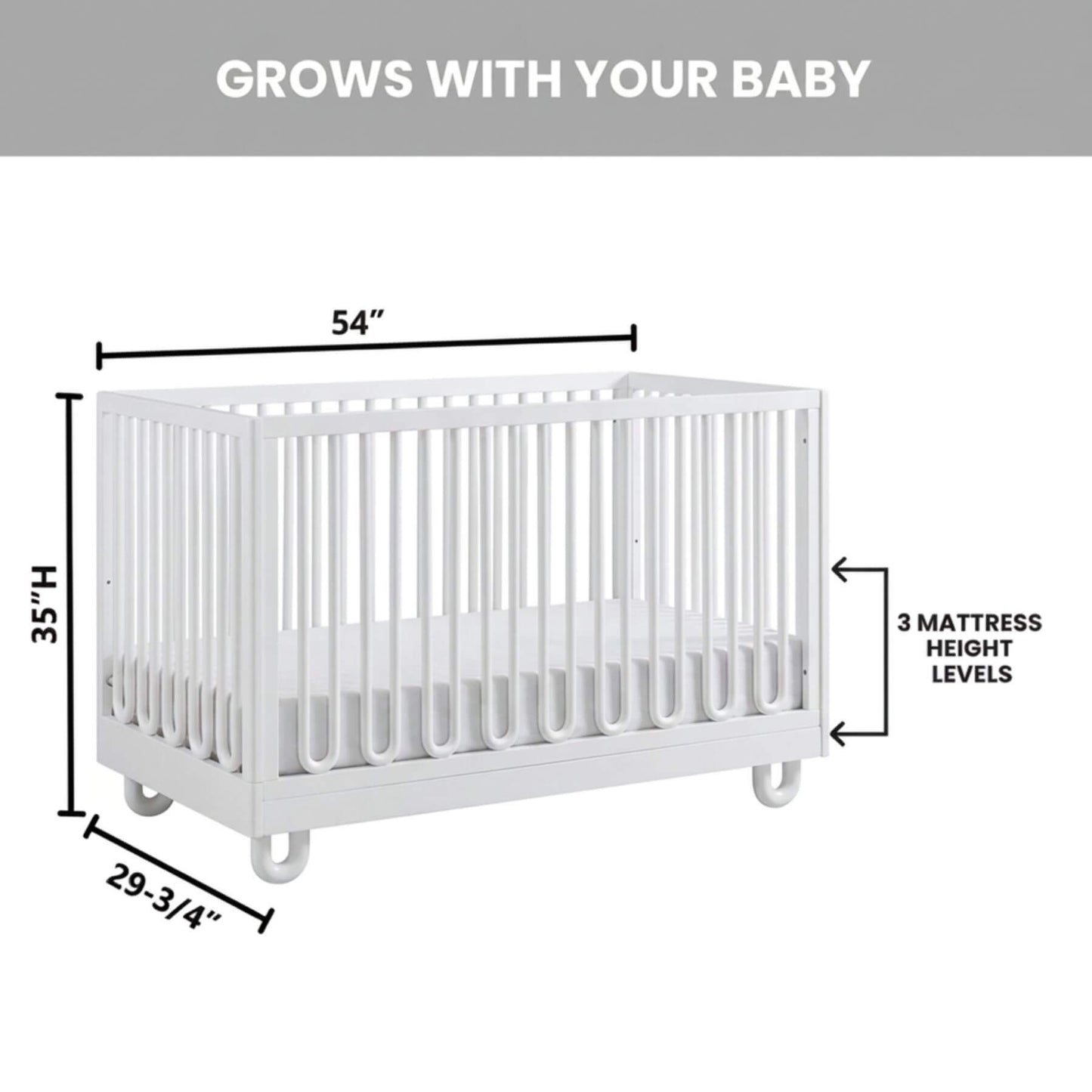 Soho Baby Meridian Island Crib - White with dimension labels showing 35" height, 54" width, and 29-3/4" depth, plus text noting 3 mattress height levels and 'GROWS WITH YOUR BABY'.