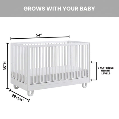 Soho Baby Meridian Island Crib - White with dimension labels showing 35" height, 54" width, and 29-3/4" depth, plus text noting 3 mattress height levels and 'GROWS WITH YOUR BABY'.