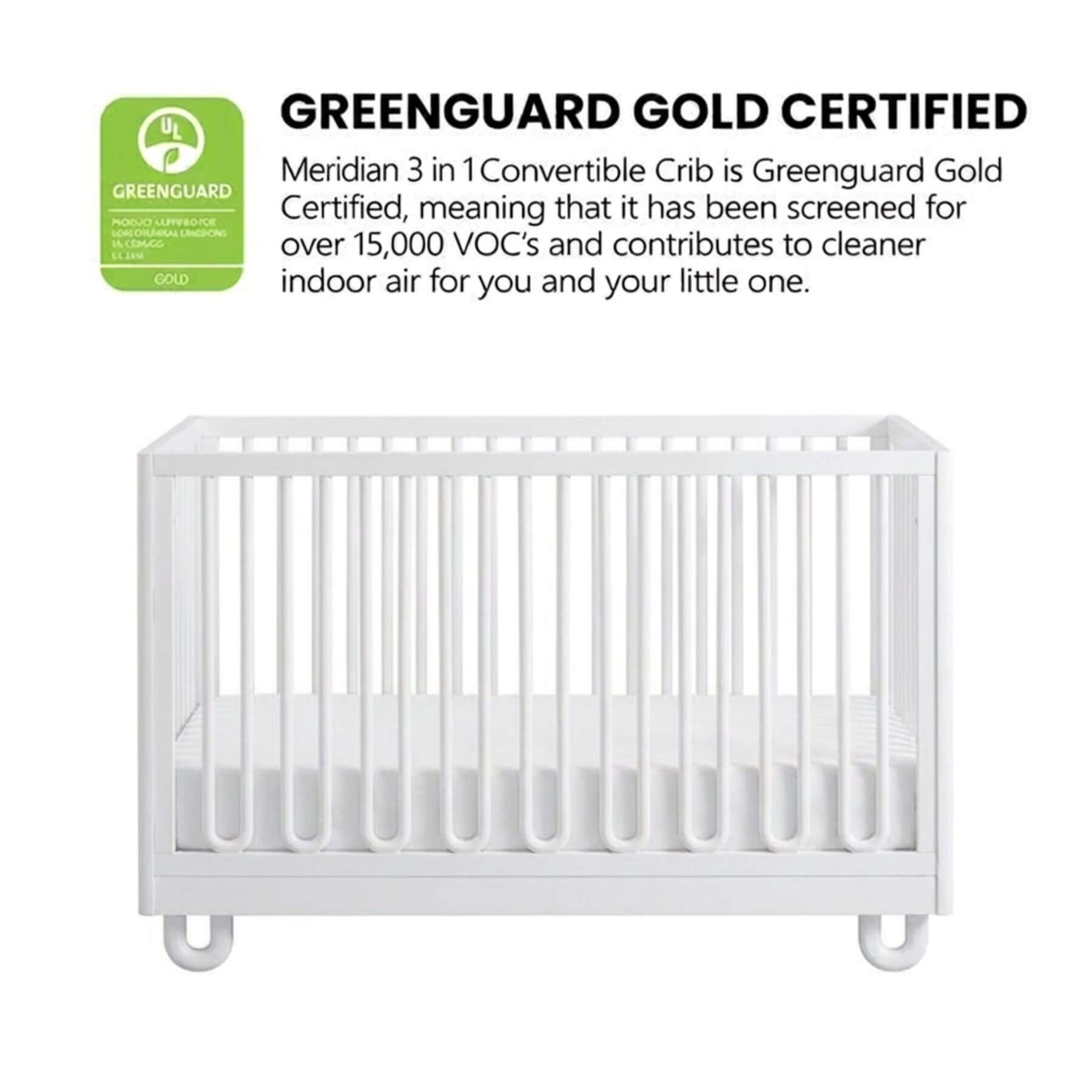 Soho Baby Meridian Island Crib - White shown on a light gray background with text and a green Grenguard Gold Certified badge above it.