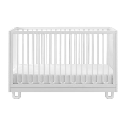Soho Baby Meridian Island Crib - White and a mattress inside, shown from a front angle on a plain white background.