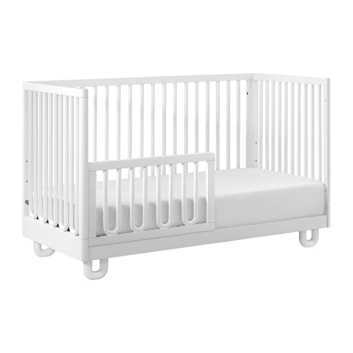 Soho Baby Meridian Island Crib - White, a matching mattress, and a built-in guard rail on the side, shown on a plain white background.