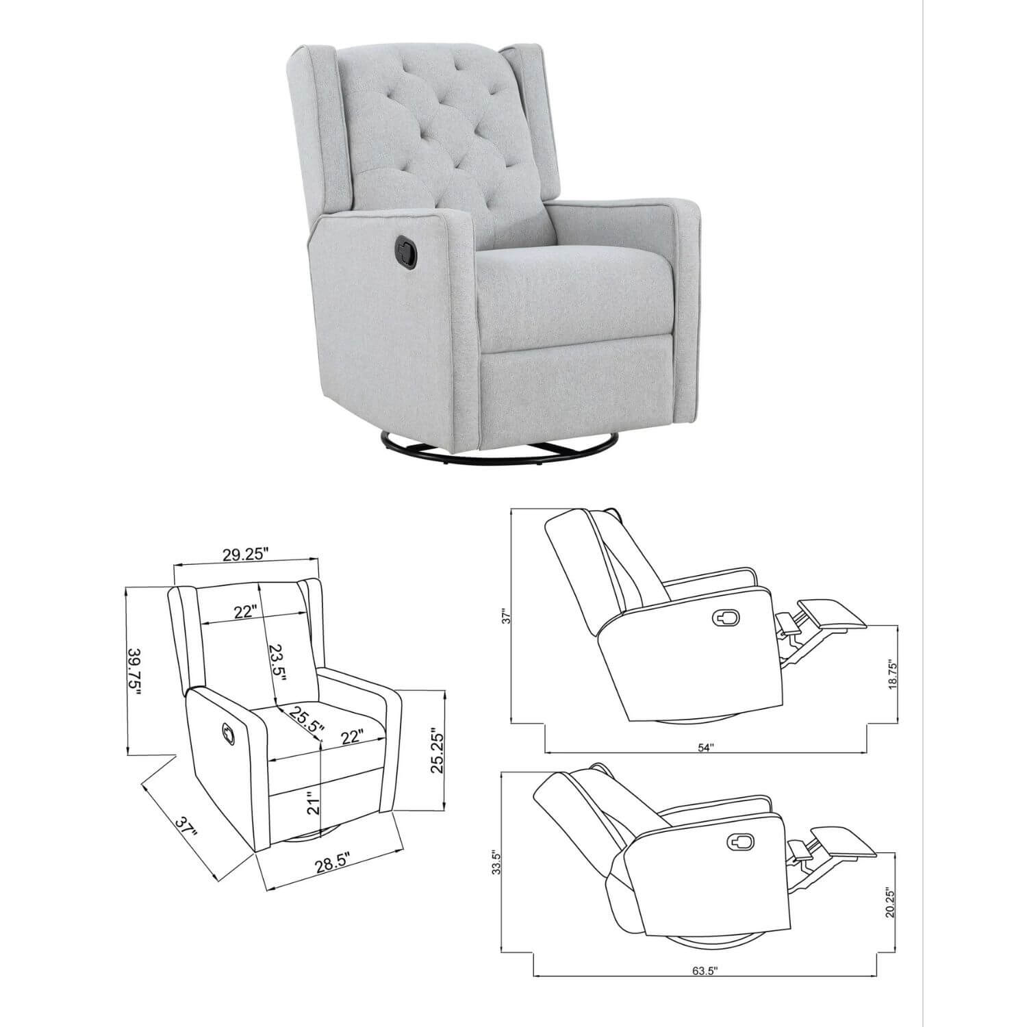 Milah Tufted Swivel Glider Recliner In Light Gray Fabric