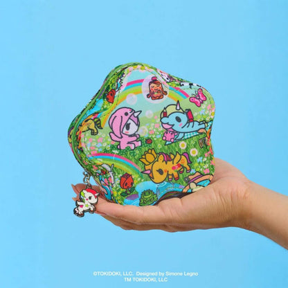 tokidoki Flower Mini Bag - Meadow Blooms held in a hand against a blue background