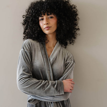 Woman wearing Saranoni Minky Stretch Luxe Robe - Charcoal against a plain background