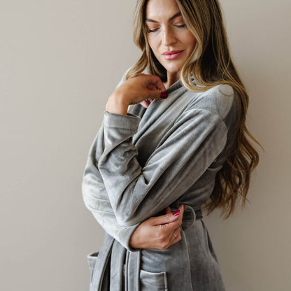 Woman wearing Saranoni Minky Stretch Luxe Robe - Charcoal against a plain background