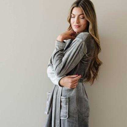 Woman wearing Saranoni Minky Stretch Luxe Robe - Charcoal against a plain background