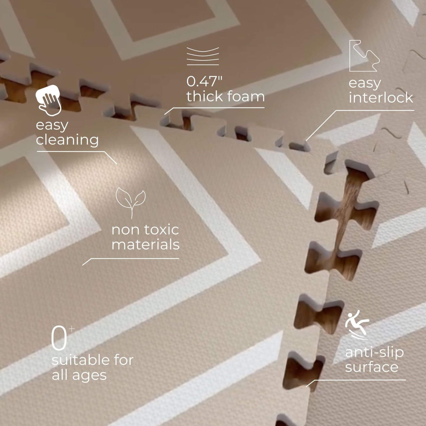 Beige interlocking foam mats with text highlighting features like thick foam, easy cleaning, and anti-slip surface.