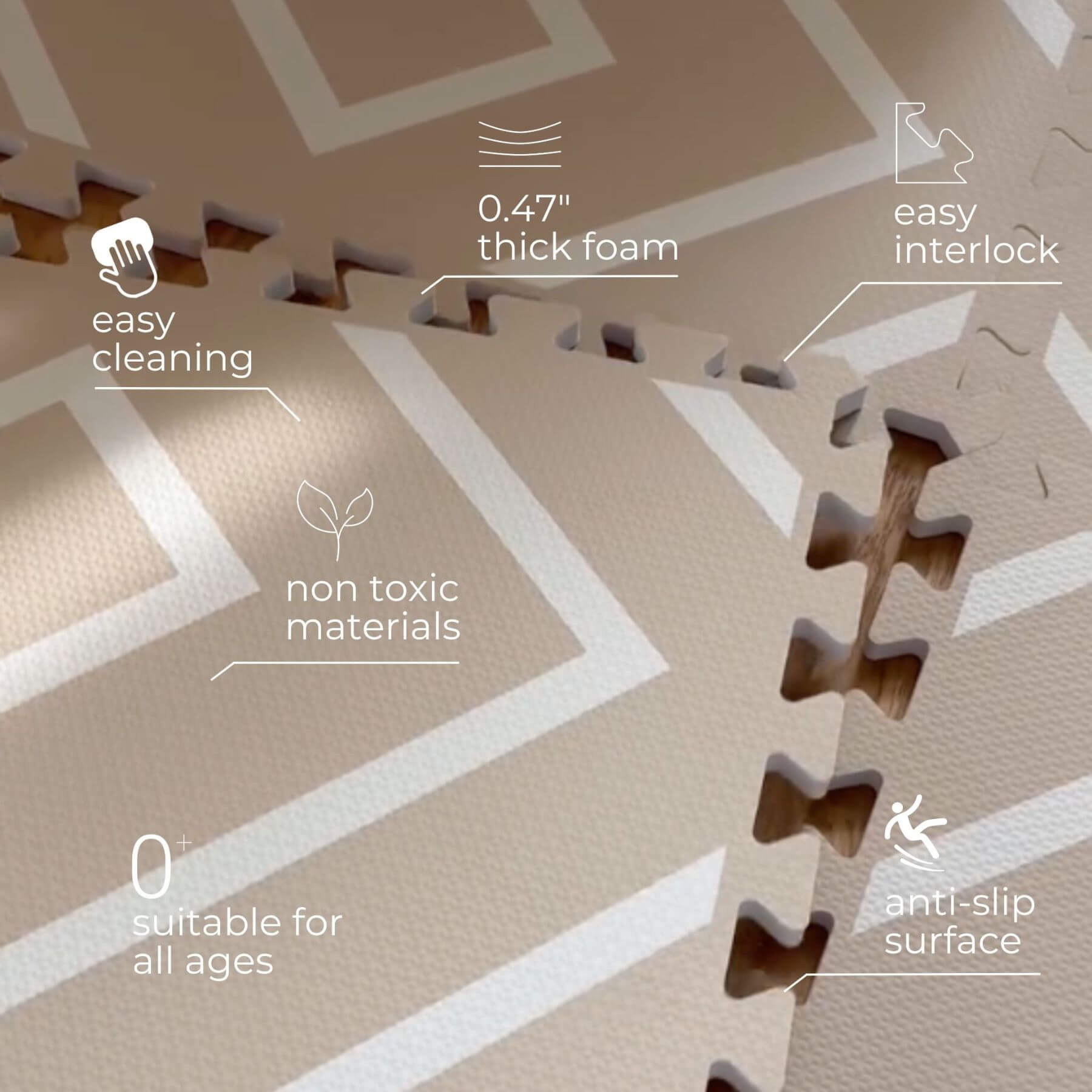 Beige interlocking foam mats with text highlighting features like thick foam, easy cleaning, and anti-slip surface.