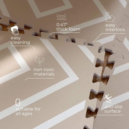 Beige interlocking foam mats with text highlighting features like thick foam, easy cleaning, and anti-slip surface.