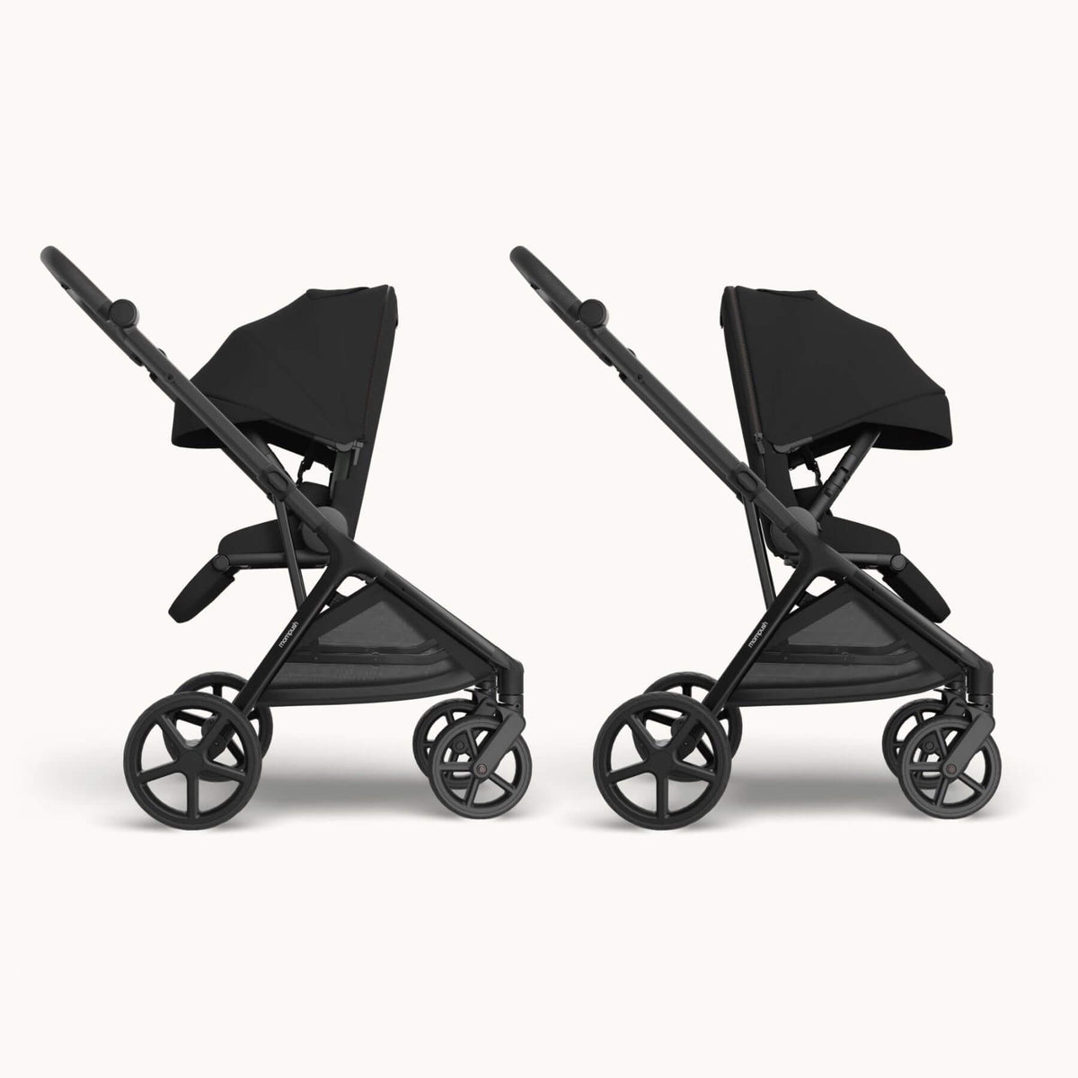 Two Mompush Vira - Black shown side by side from a profile view on a clean, light off-white background.