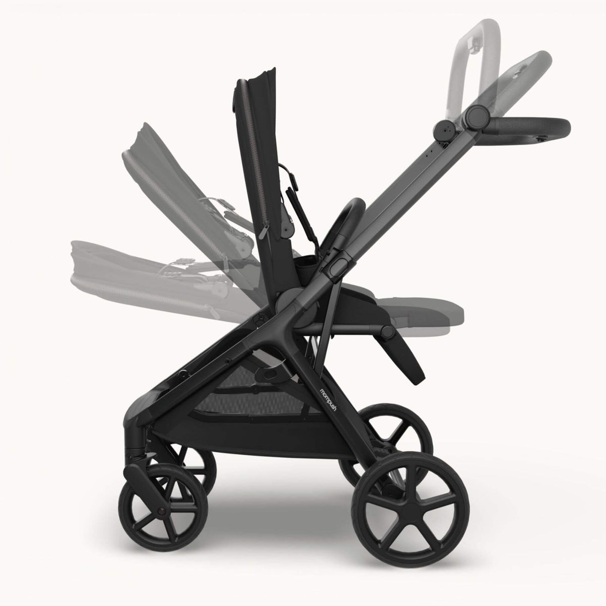 Mompush Vira - Black shown in side profile on a clean off-white background, with a faded secondary view of the stroller seat and canopy behind it to illustrate configuration options.