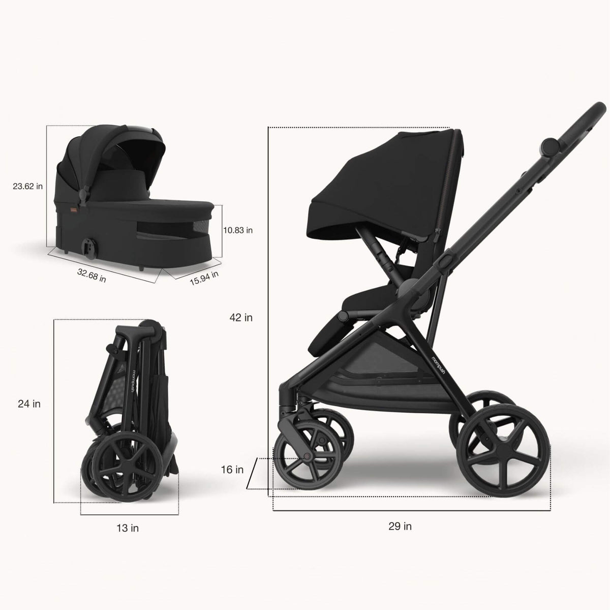 Black stroller and bassinet set shown with dimension callouts on a light gray background, including folded and unfolded views with measurements in inches.