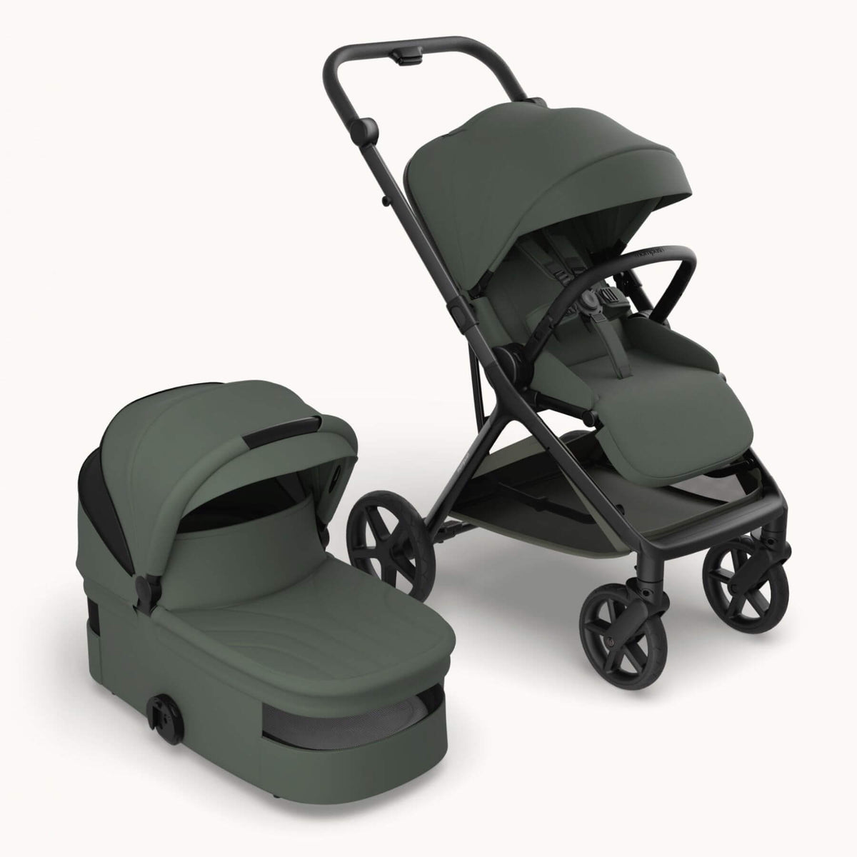 Mompush Vira stroller with basinet - Forest, shown on a clean off-white background. The stroller is positioned on the right, and the matching bassinet is positioned on the left.