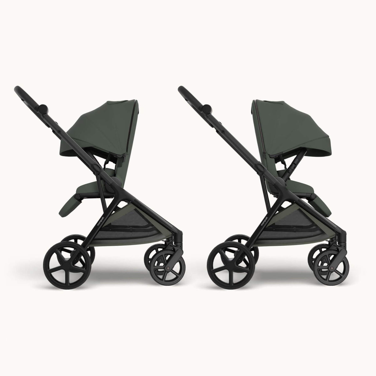 Two views of Mompush Vira stroller - Forest, shown side by side on a light off-white background.