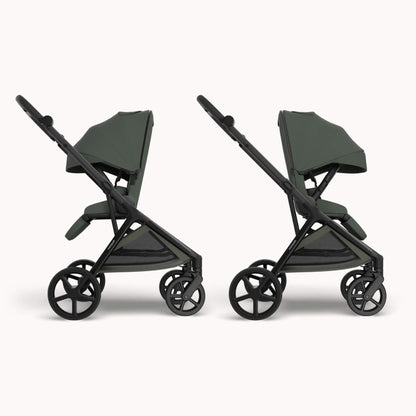 Two views of Mompush Vira stroller - Forest, shown side by side on a light off-white background.