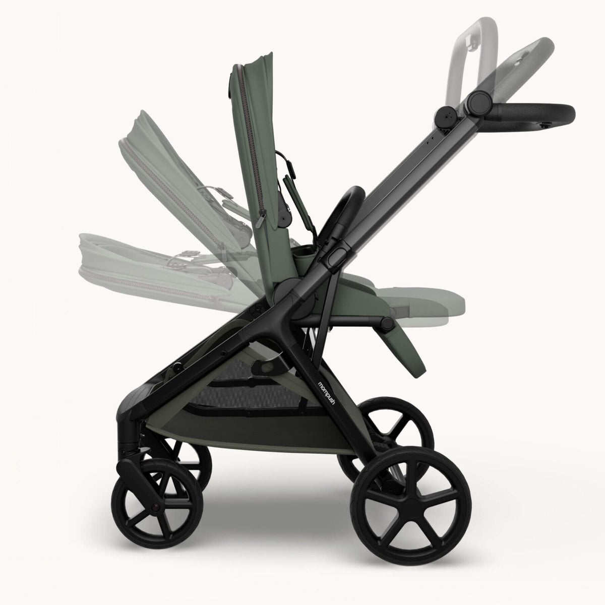 Mompush Vira stroller - Forest shown in side profile on a clean off-white studio background.