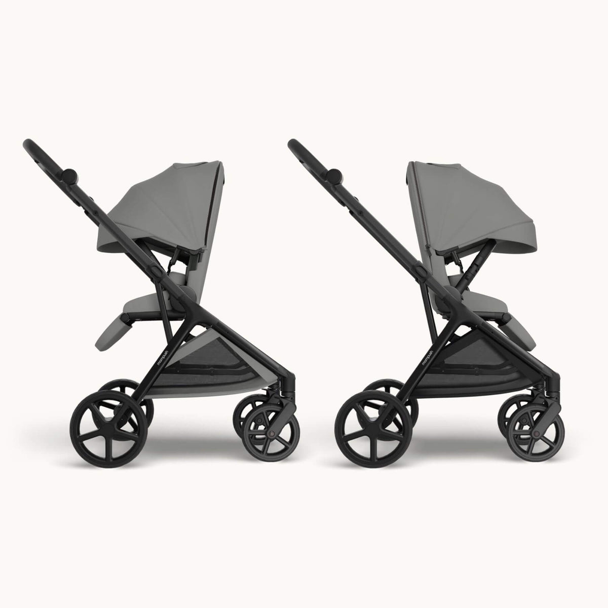 Two views of Mompush Vira stroller - Gray, shown side-by-side against a light gray background.