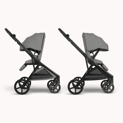 Two views of Mompush Vira stroller - Gray, shown side-by-side against a light gray background.