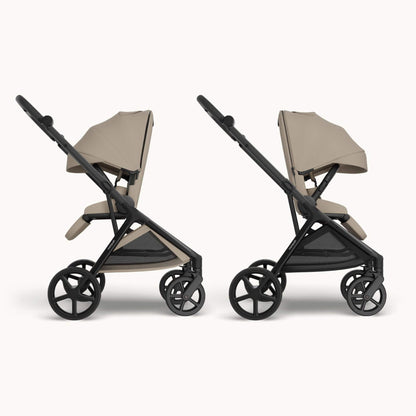 Two side-by-side views of Mompush Vira stroller - Khaki, set against a solid off-white background.