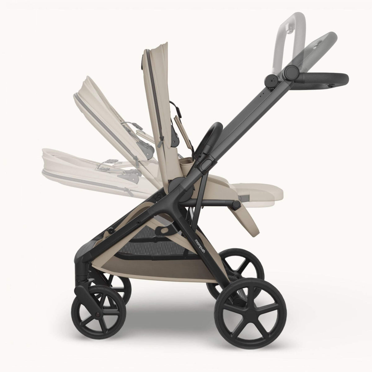 Mompush Vira stroller - Khaki, shown in a side profile with one seat reclined and the other upright, on a light off-white background.