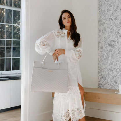 Woman Carrying Luli Bebé Monaco Tote Bag | Stone Grey