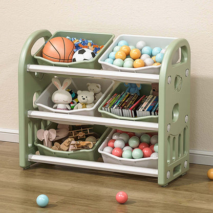 MONTARY Multi-functional Nursery Organizer with 6 Bins - Green with various toys on a wooden floor.