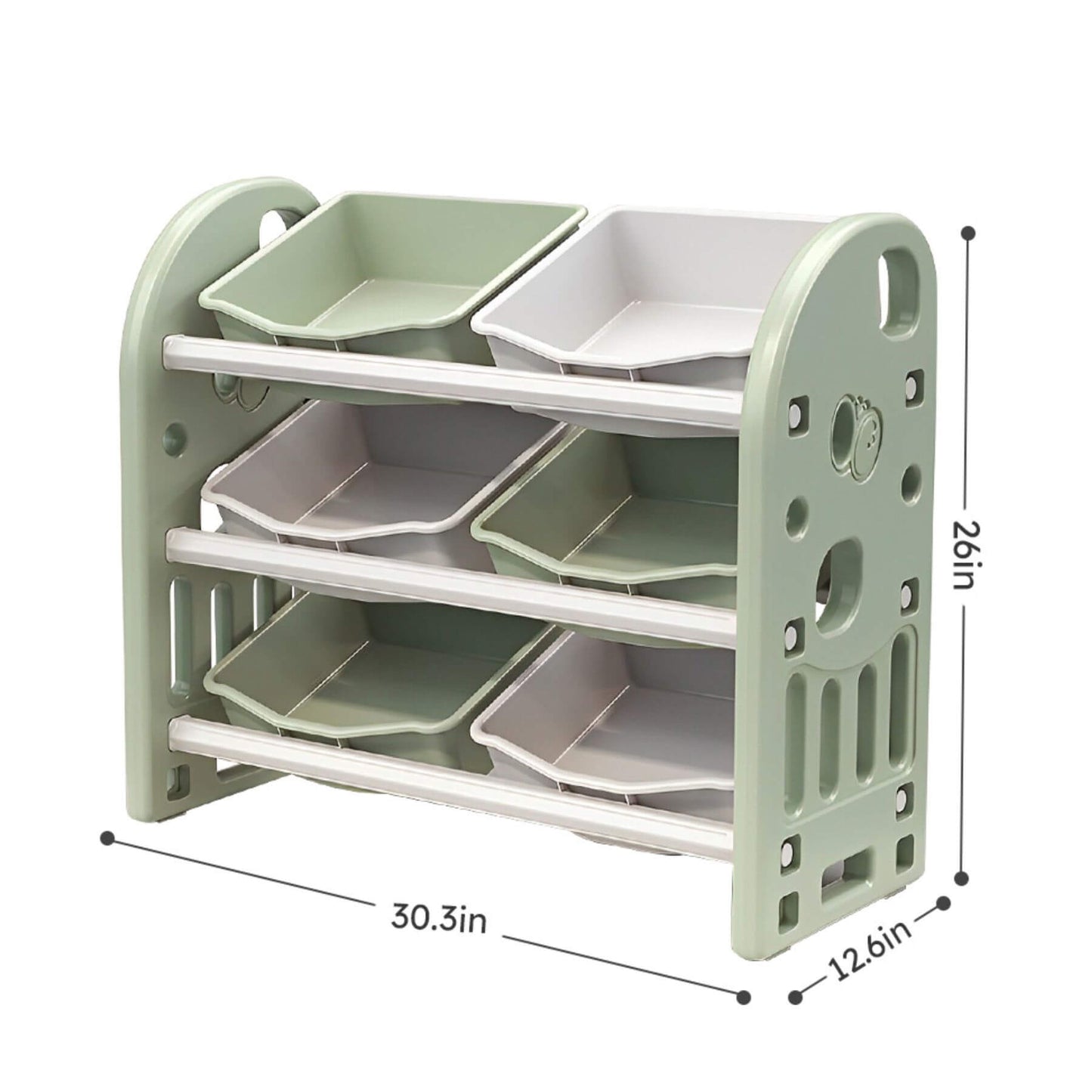 MONTARY Multi-functional Nursery Organizer with 6 Bins - Green with dimensions on a white background