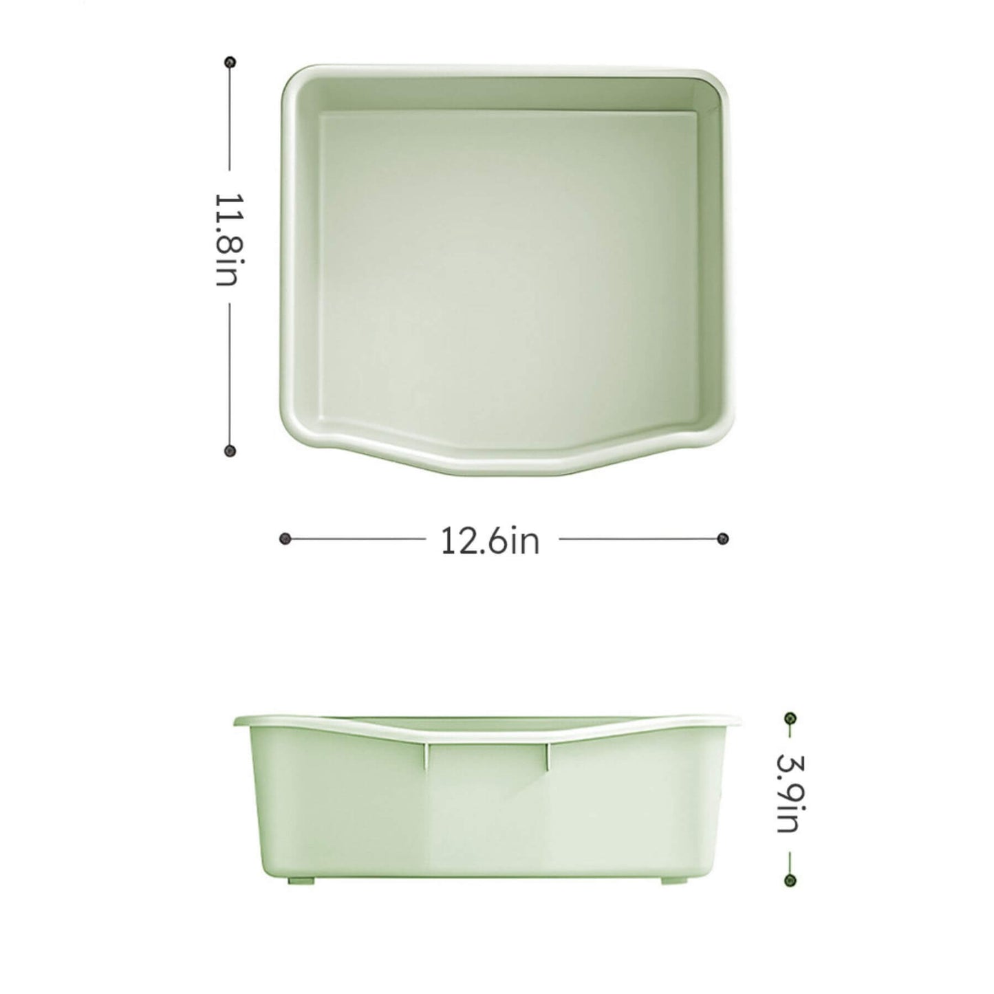 Green plastic bins with dimensions labeled on a white background