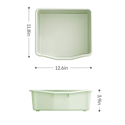 Green plastic bins with dimensions labeled on a white background