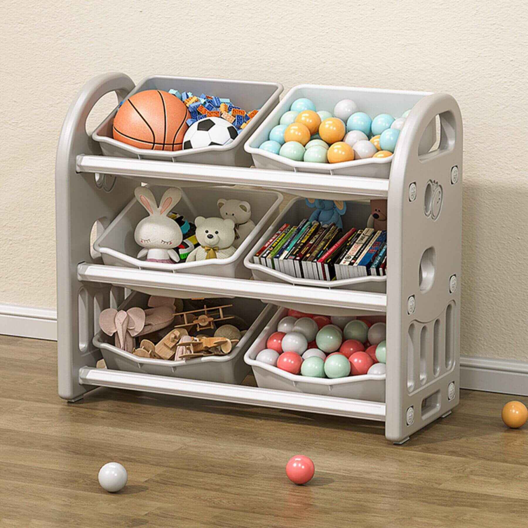MONTARY Multi-functional Nursery Organizer with 6 Bins - Grey with various toys on a wooden floor.