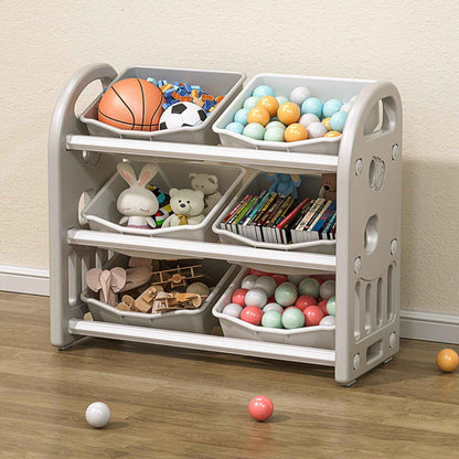MONTARY Multi-functional Nursery Organizer with 6 Bins - Grey with various toys on a wooden floor.