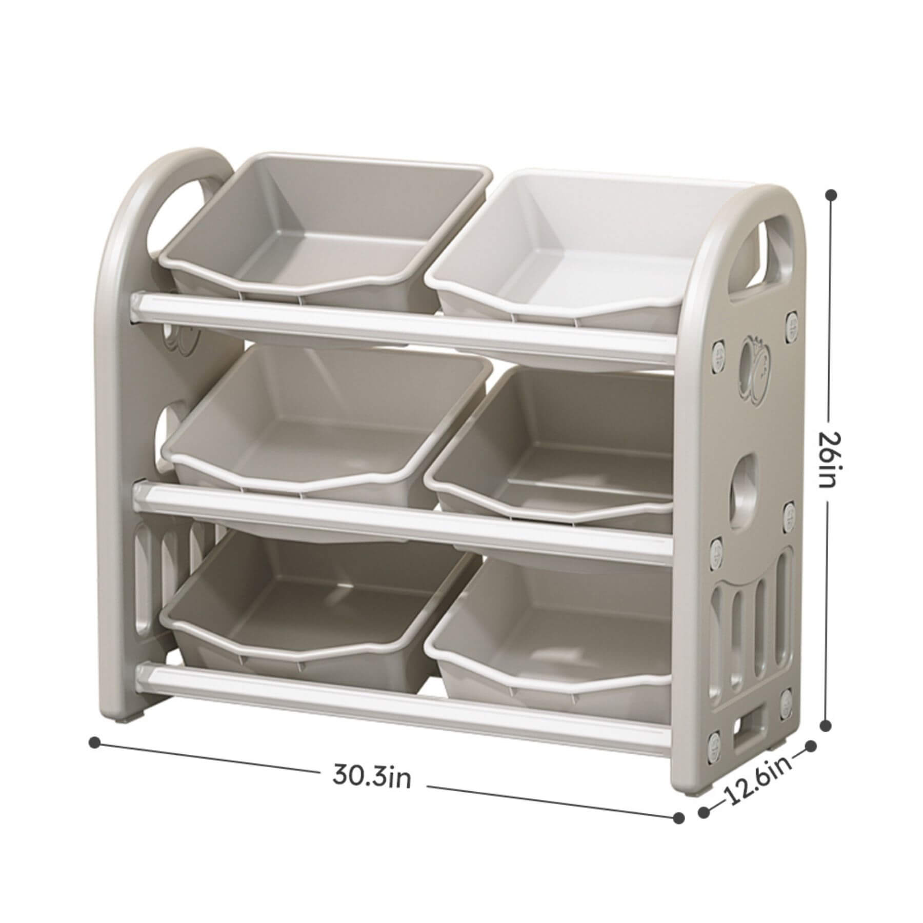 MONTARY Multi-functional Nursery Organizer with 6 Bins - Grey and dimensions displayed