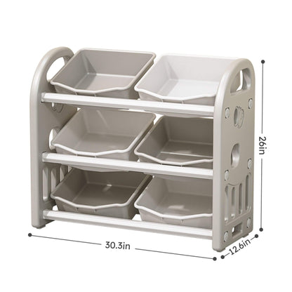 MONTARY Multi-functional Nursery Organizer with 6 Bins - Grey and dimensions displayed