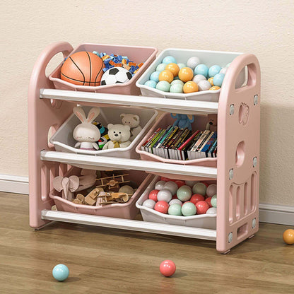MONTARY Multi-functional Nursery Organizer with 6 Bins - Pink with various toys on a wooden floor.