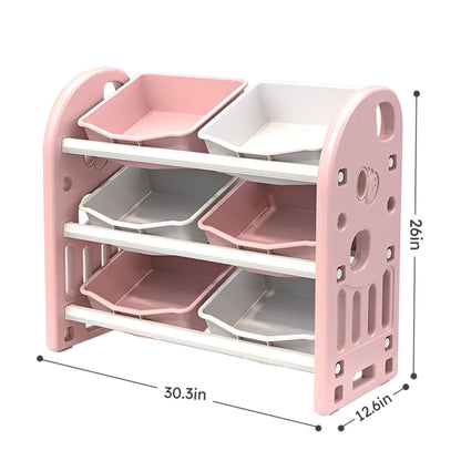 MONTARY Multi-functional Nursery Organizer with 6 Bins - Pink with dimensions indicated.