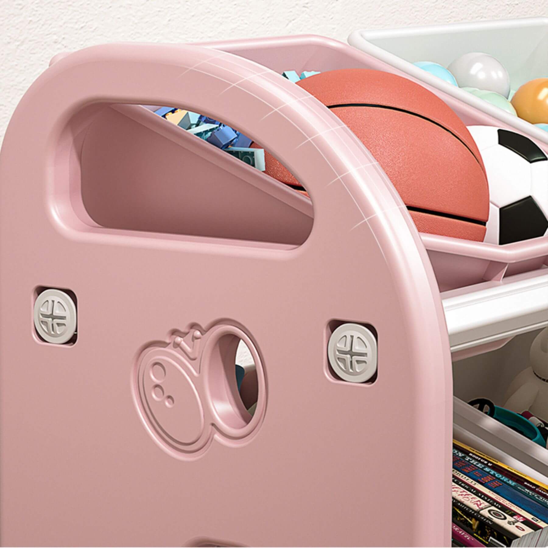 Close-up of MONTARY Multi-functional Nursery Organizer with 6 Bins - Pink with colorful balls inside.