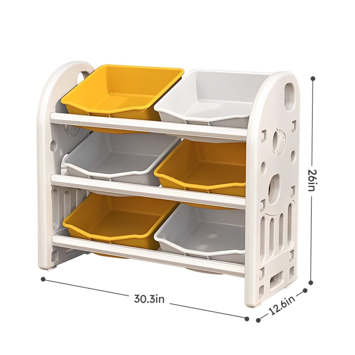 MONTARY Multi-functional Nursery Organizer with 6 Bins - Yellow with dimensions on a white background
