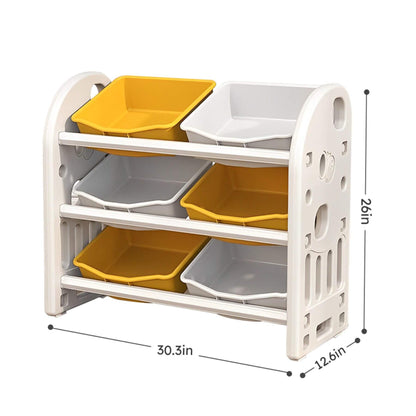 MONTARY Multi-functional Nursery Organizer with 6 Bins - Yellow with dimensions on a white background