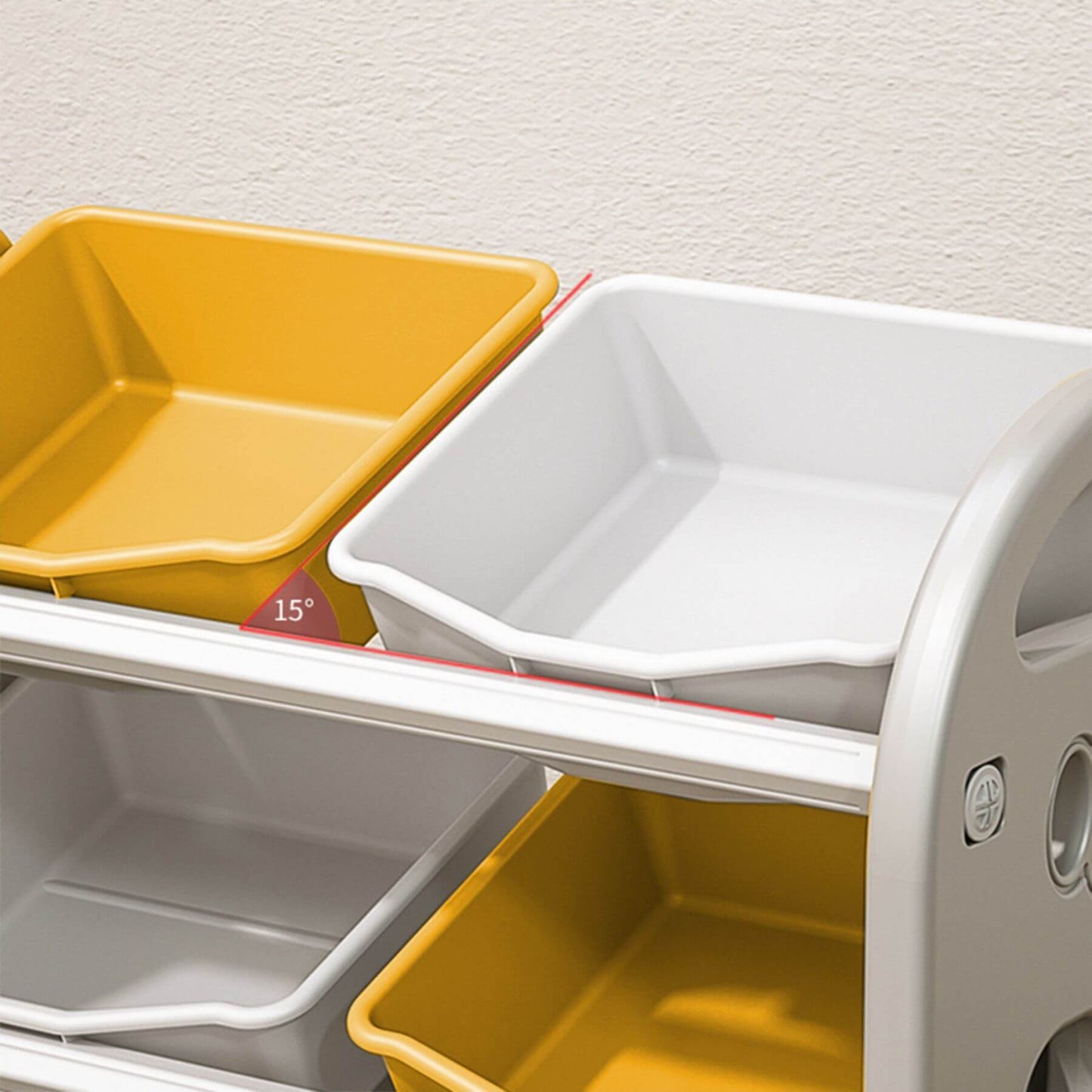 Stackable storage bins in yellow and white with a textured wall background